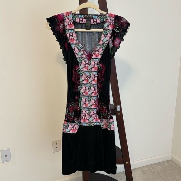 Custo Barcelona Black/Pink Butterfly Flutter Sleeve Dress Sz S - Picture 2 of 6